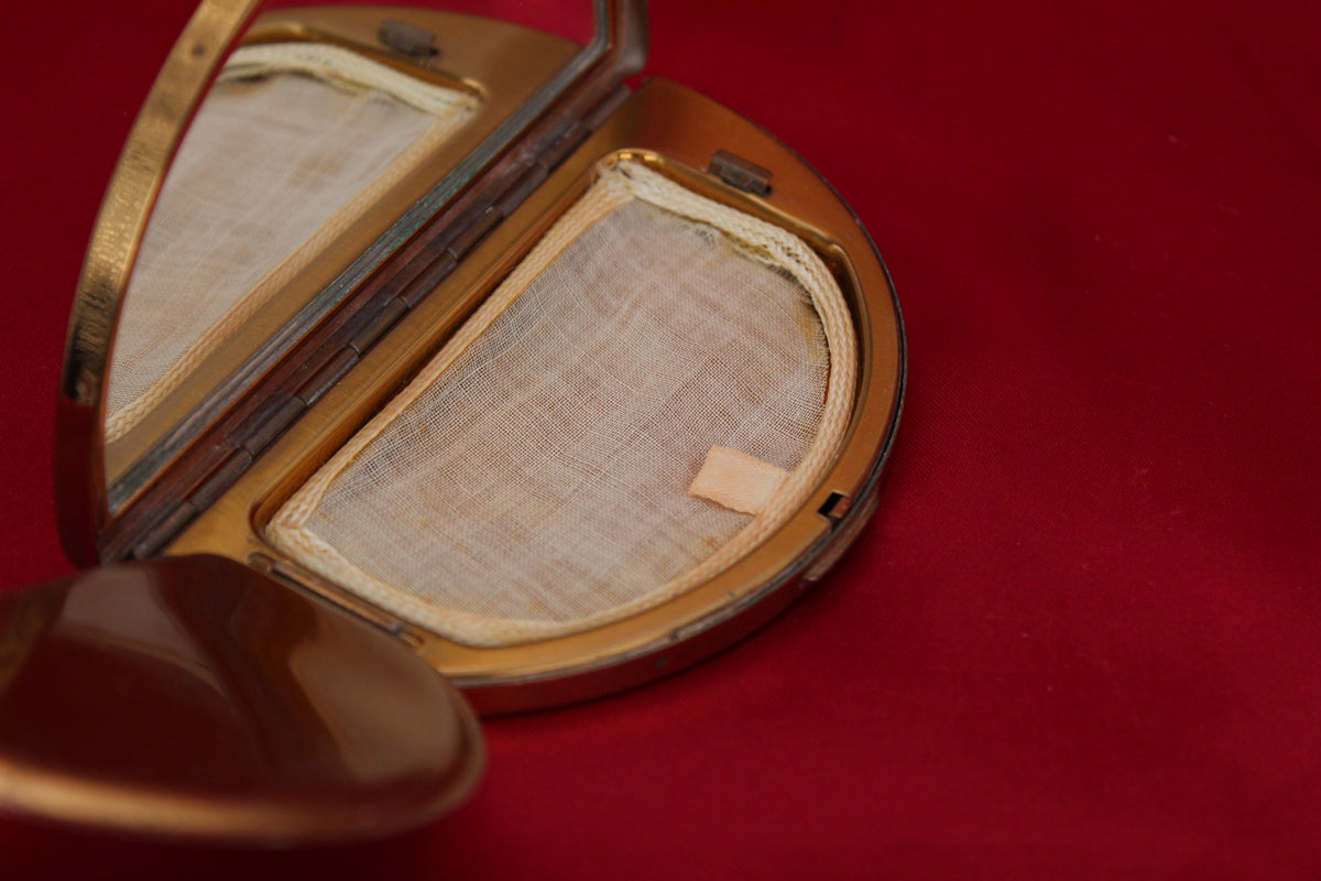1950s Ornate Golden Demi-Lune Powder Compact