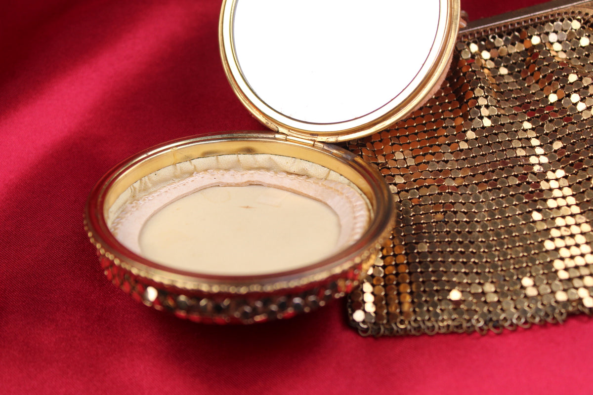 1930s Vintage Gold-Tone Metal Mesh Purse with Powder Compact, Mirror & Original Puff