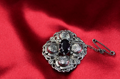 Victorian W.S. Sterling Silver Amethyst Paste Rose Brooch Pendant c. 1880s–1890s