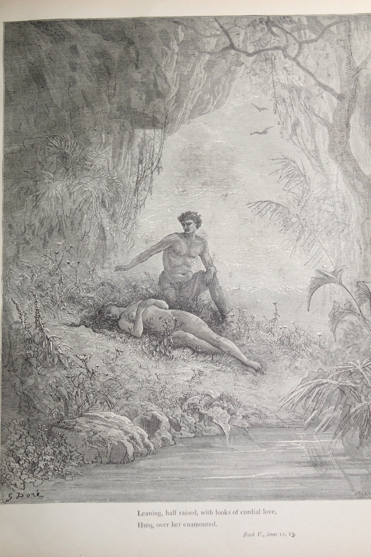 Gustave Doré illustration from Paradise Lost showing Adam and Eve in a lush landscape.