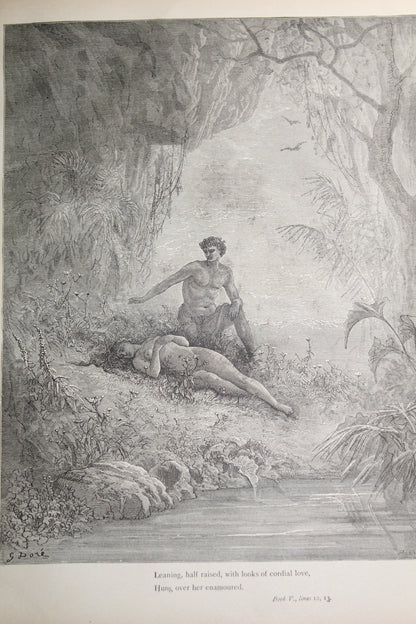 Gustave Doré illustration from Paradise Lost showing Adam and Eve in a lush landscape.