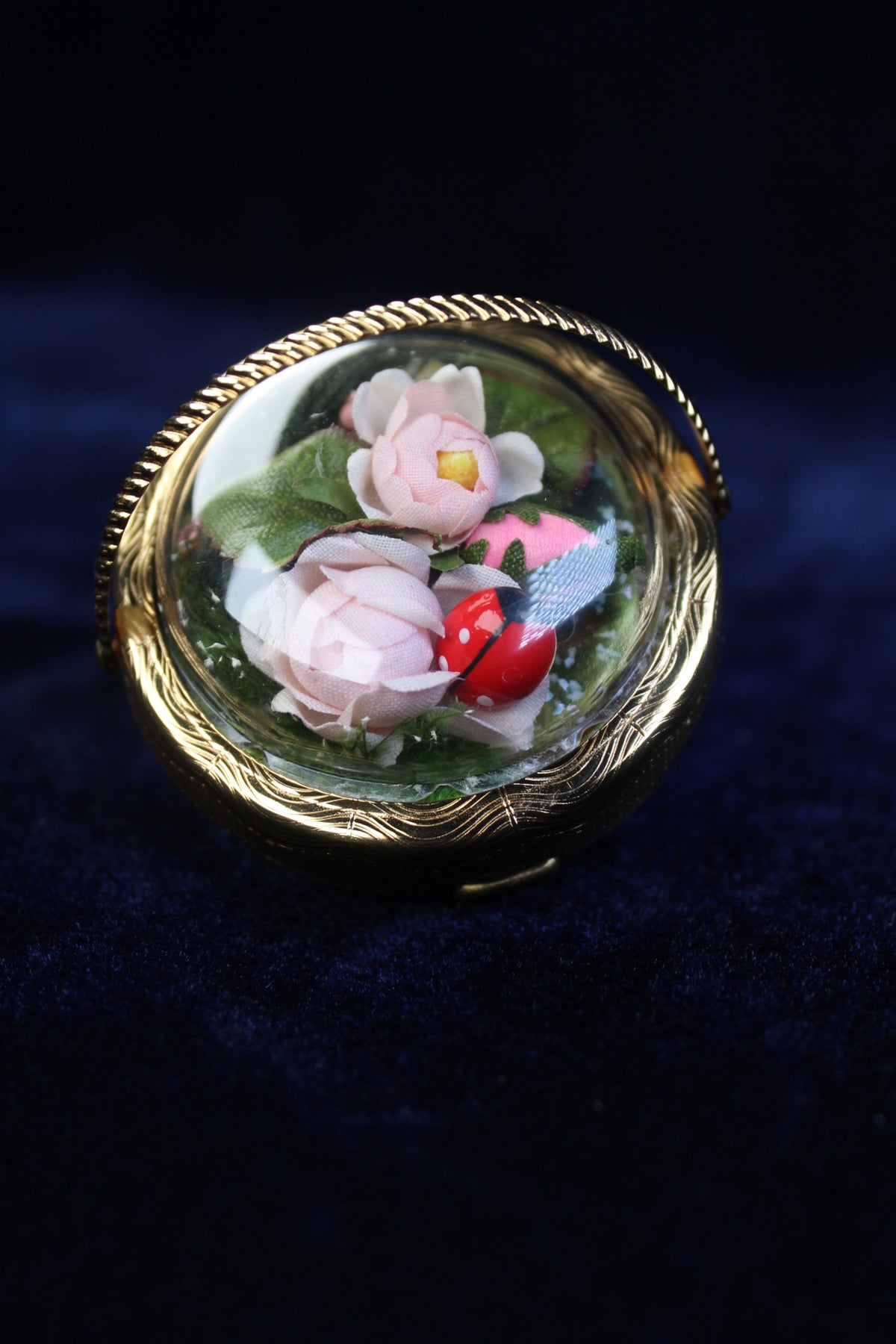 Gold-tone compact with a clear dome showcasing preserved pink flowers and a ladybug.