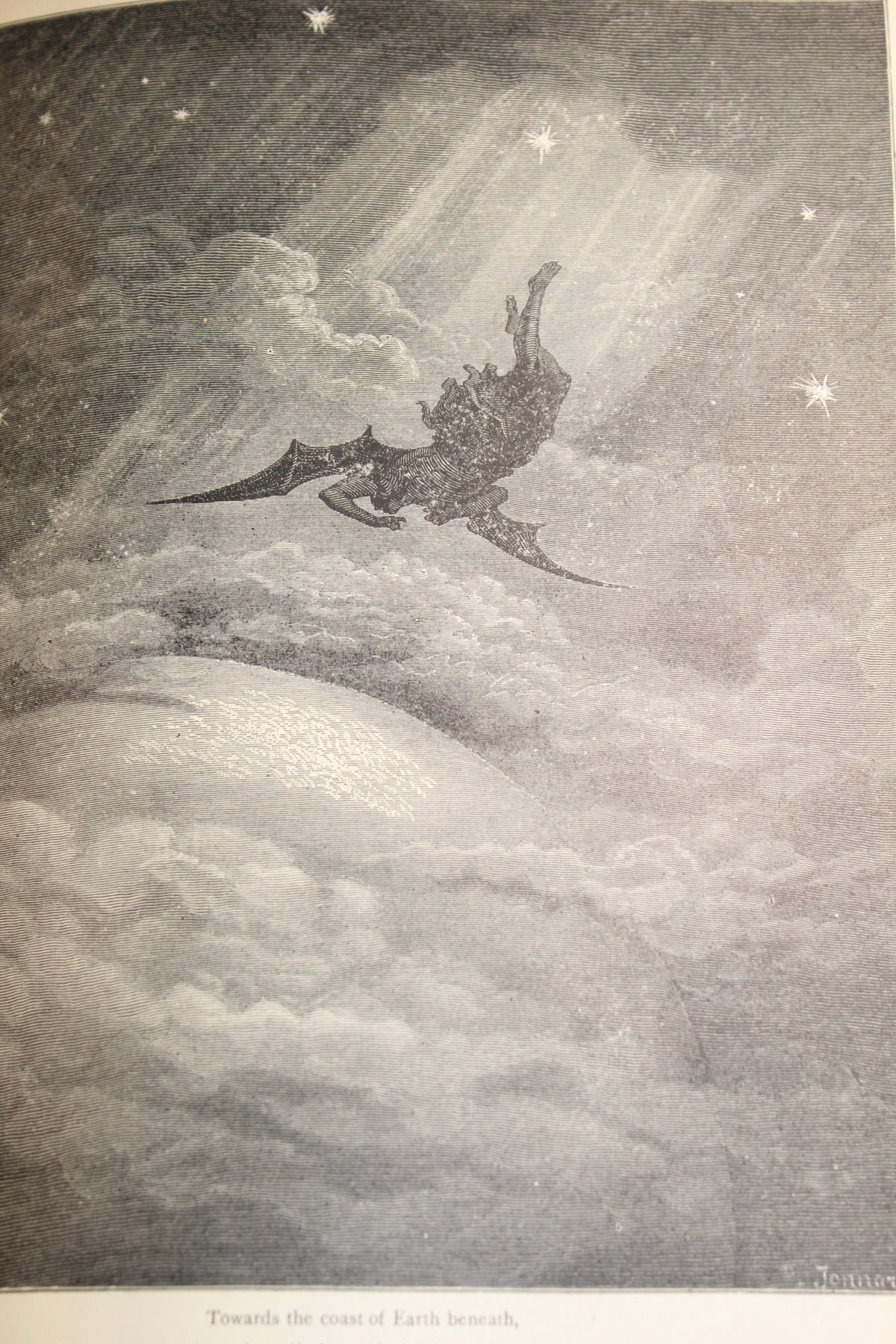 Gustave Doré illustration of a winged figure falling through clouds and stars, from Paradise Lost.