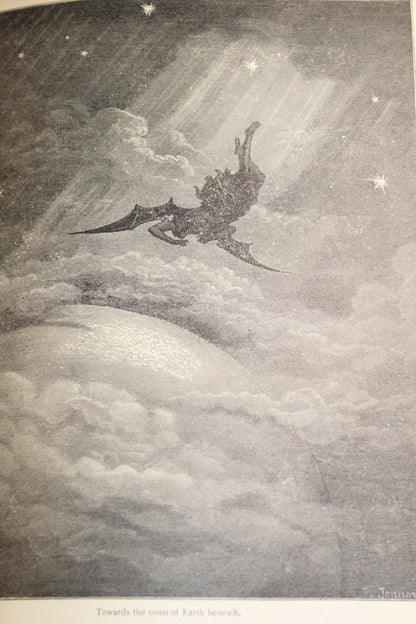 Gustave Doré illustration of a winged figure falling through clouds and stars, from Paradise Lost.