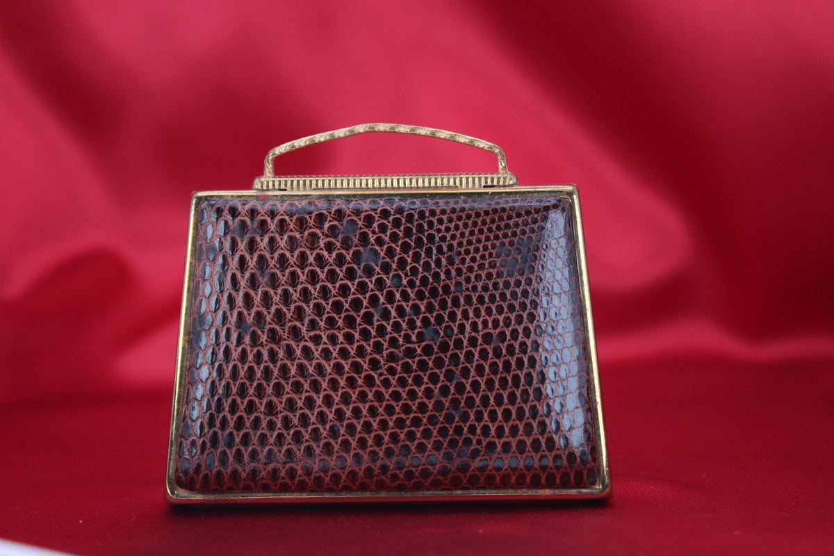 Chic 1950s 1950s Brown Leather Handbag Powder Compact