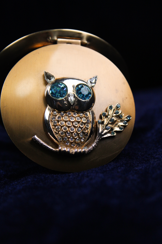 1950s Atomette Bejeweled Owl Gold-Tone Powder Compact with Mirror