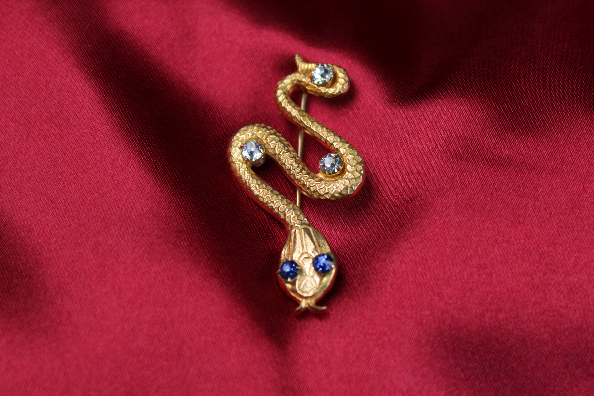 1800s Antique Victorian Gold-Tone Double Snake Brooch Pendant with Paste Stones