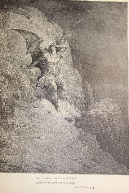 Gustave Doré illustration of a winged figure on a rocky cliff, from Paradise Lost.