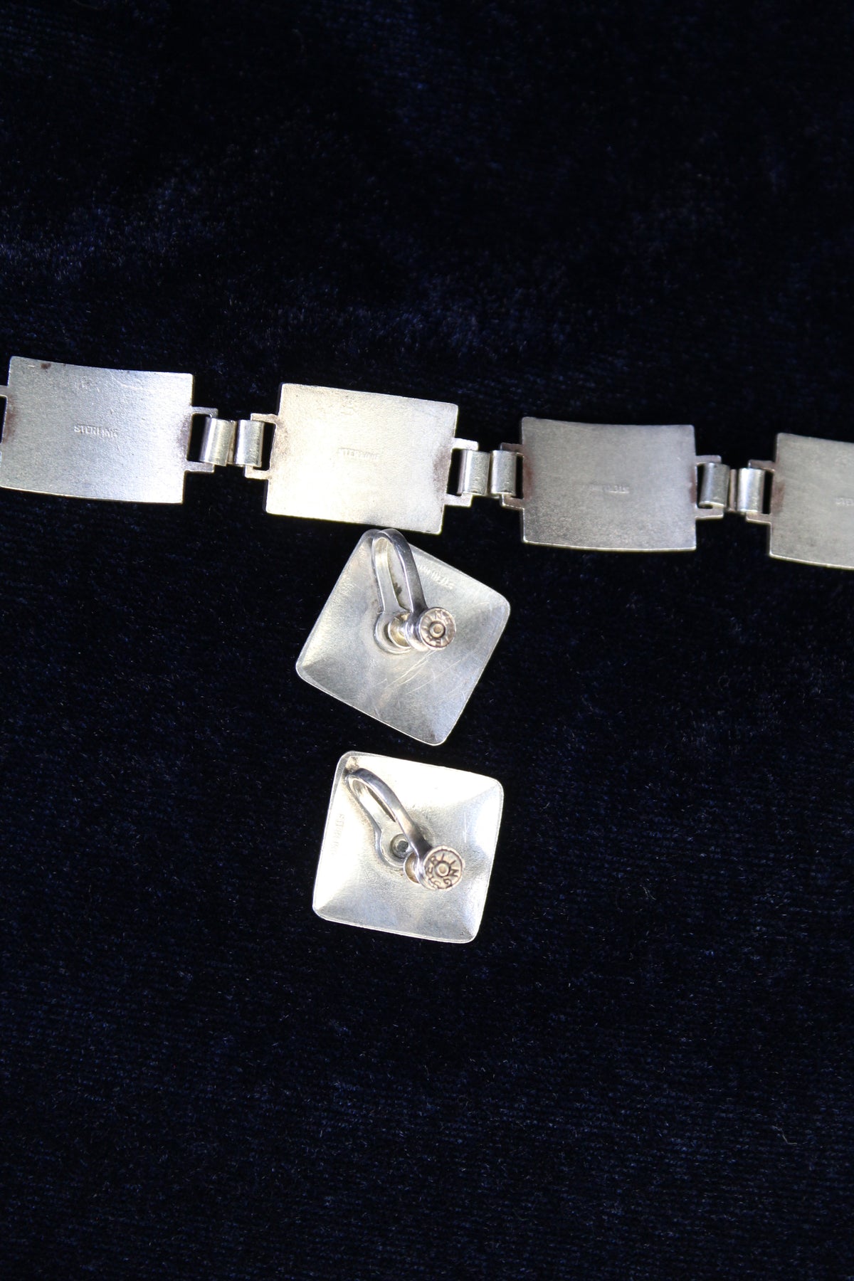 1930s sterling silver bracelet and matching square earrings with guilloché enamel and rose design.