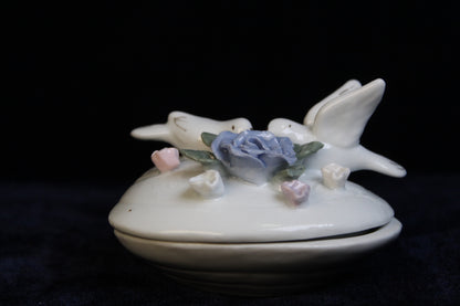Vintage Porcelain Dove Trinket Box | Hand-Painted Floral Jewelry Box