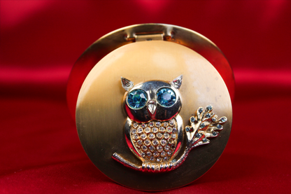 1950s Atomette Bejeweled Owl Gold-Tone Powder Compact with Mirror