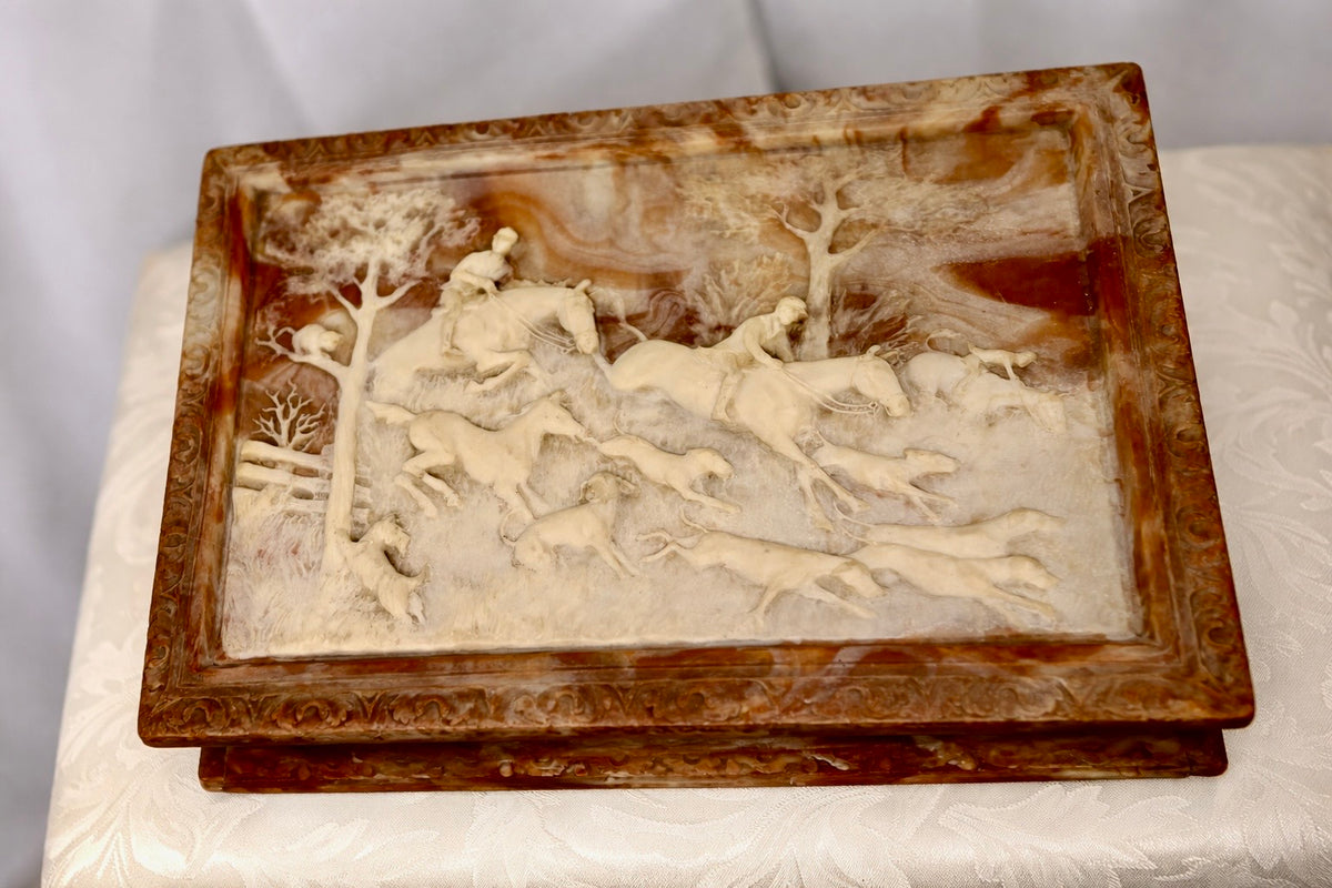 Jaestial Incolay stone jewelry box with a hand-carved fox hunting scene on the lid.