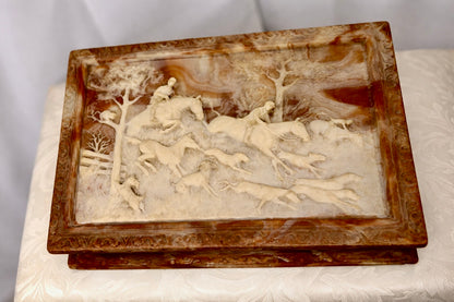 Jaestial Incolay stone jewelry box with a hand-carved fox hunting scene on the lid.