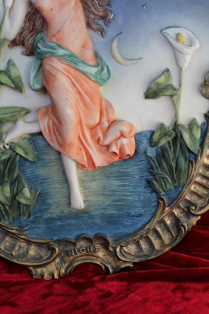 Vintage night fairy wall plaque with ornate gold frame, featuring a fairy, moon, and calla lilies.