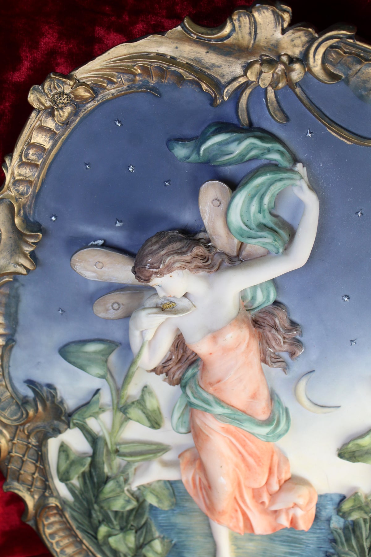 Vintage night fairy wall plaque with ornate gold frame, moon, and stars.