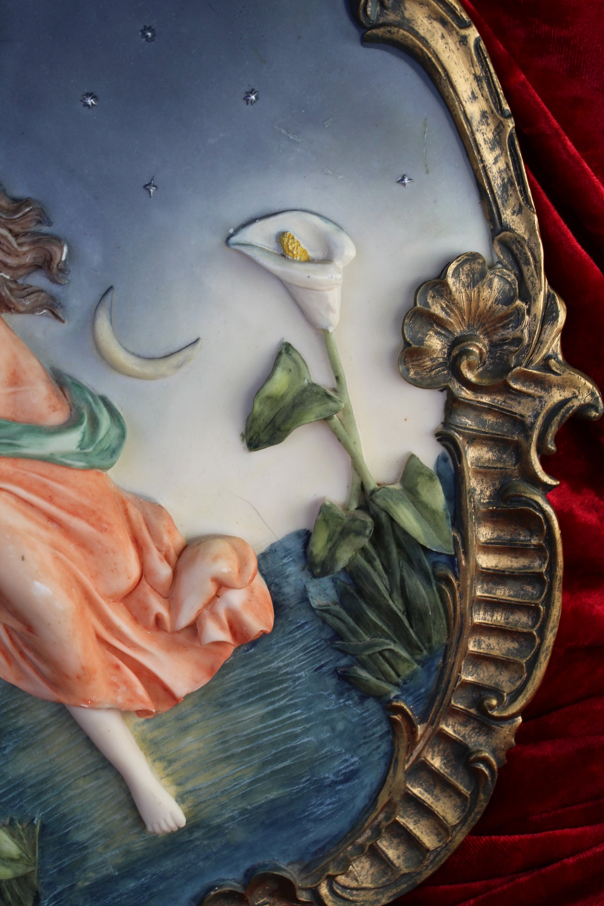 Vintage night fairy wall plaque with ornate gold frame, featuring a fairy, moon, stars, and calla lily.