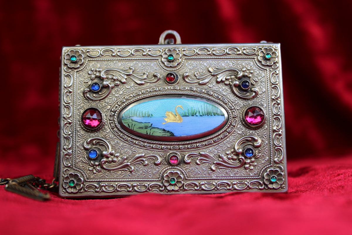 Antique French vanity case with hand-painted swan scene, jeweled silver and brass, c.1920s.