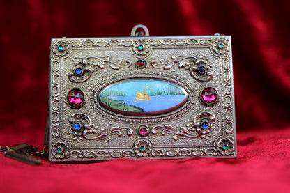 Antique French vanity case with hand-painted swan scene, jeweled silver and brass, c.1920s.