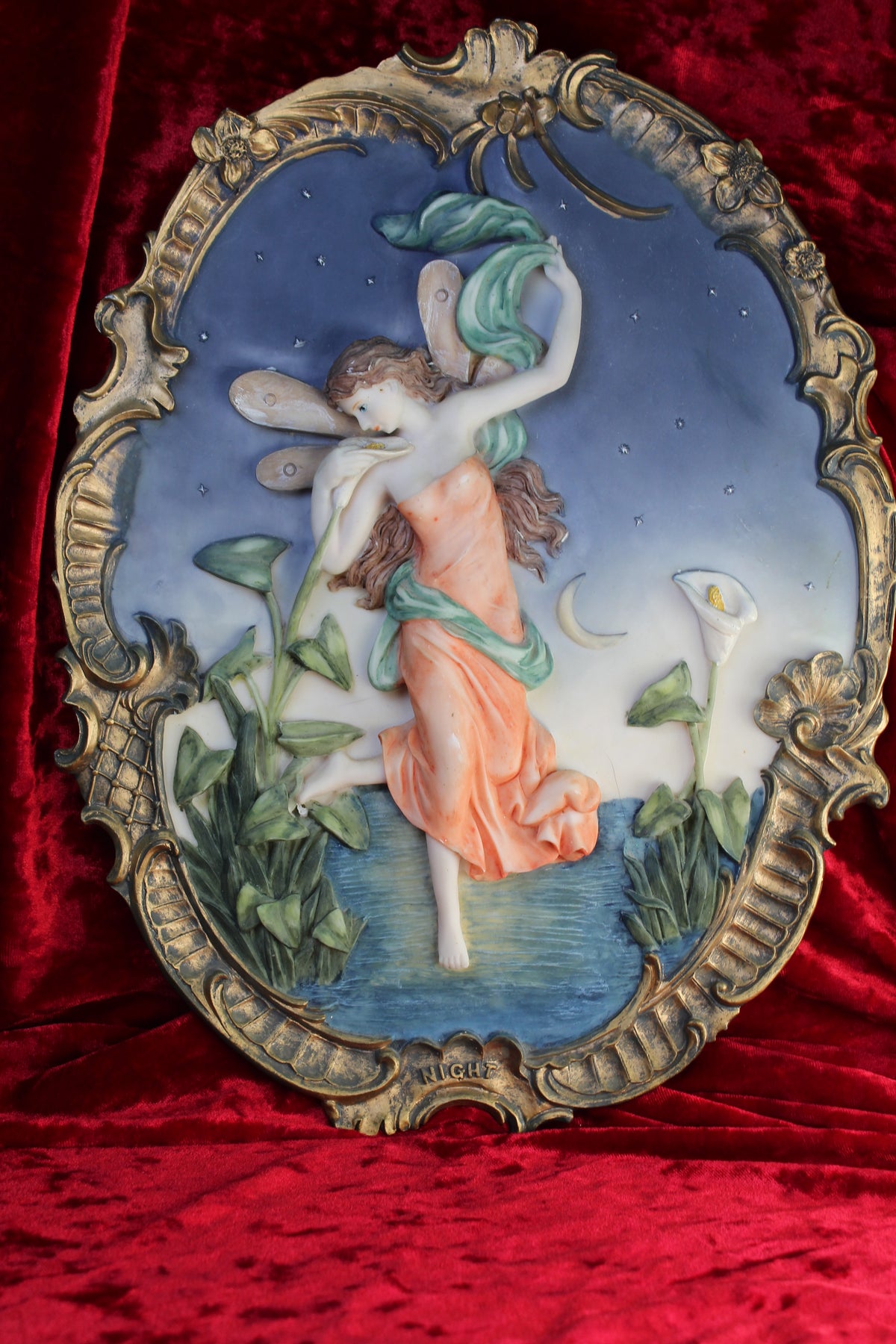 Vintage night fairy wall plaque with ornate gold frame, 15 inches tall.