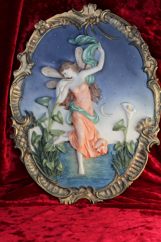 Vintage night fairy wall plaque with ornate gold frame, 15 inches tall.