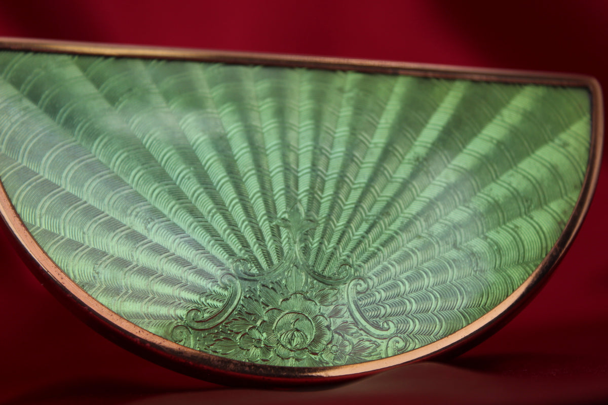 Gorgeous 1950s Green Guilloché Enamel Demi-Lune Compact