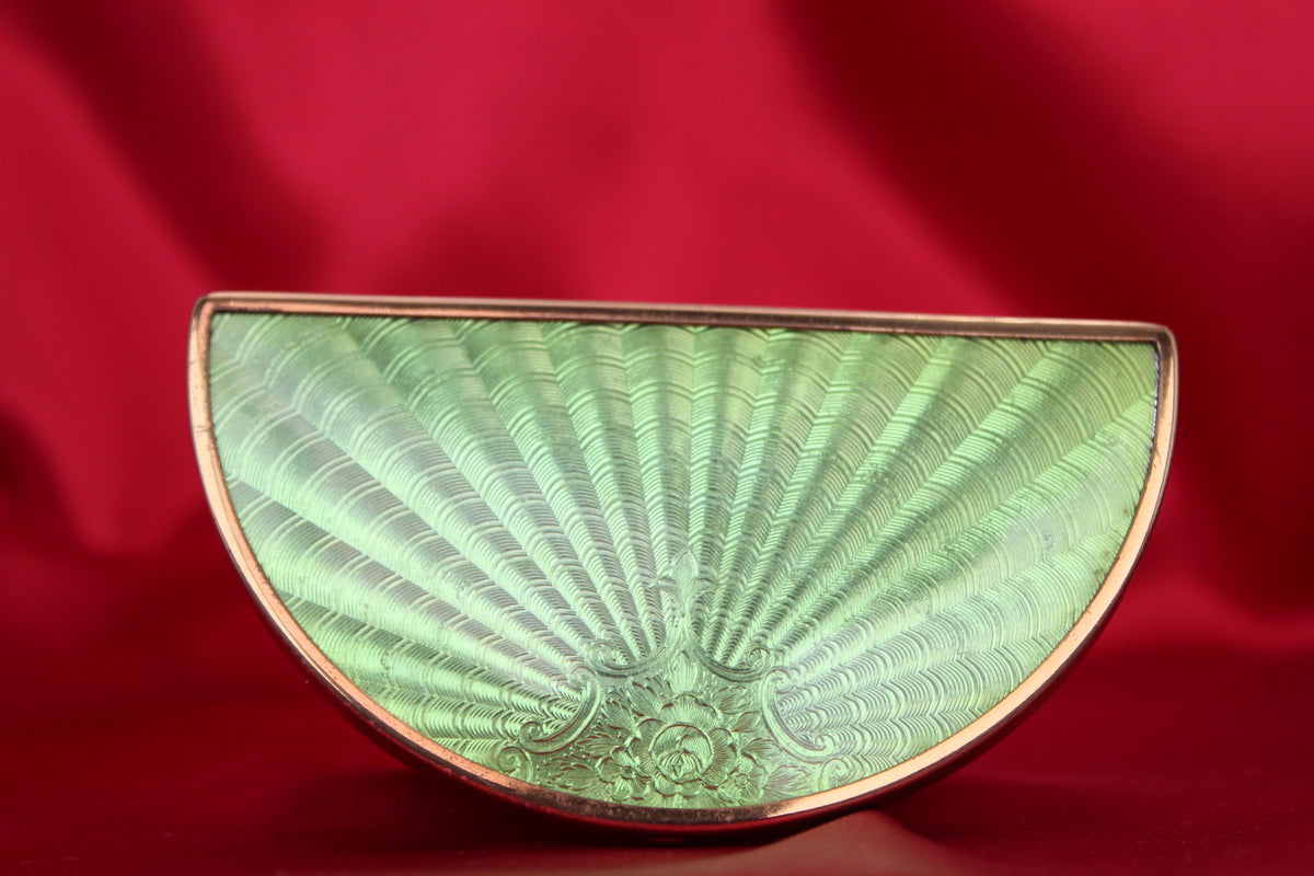Gorgeous 1950s Green Guilloché Enamel Demi-Lune Compact