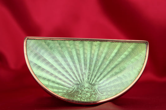 Gorgeous 1950s Green Guilloché Enamel Demi-Lune Compact