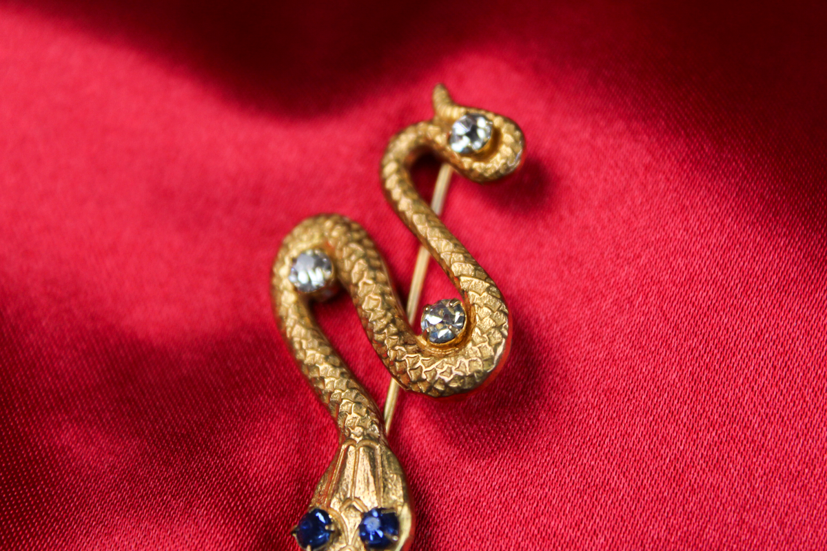 1800s Antique Victorian Gold-Tone Double Snake Brooch Pendant with Paste Stones