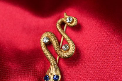 1800s Antique Victorian Gold-Tone Double Snake Brooch Pendant with Paste Stones