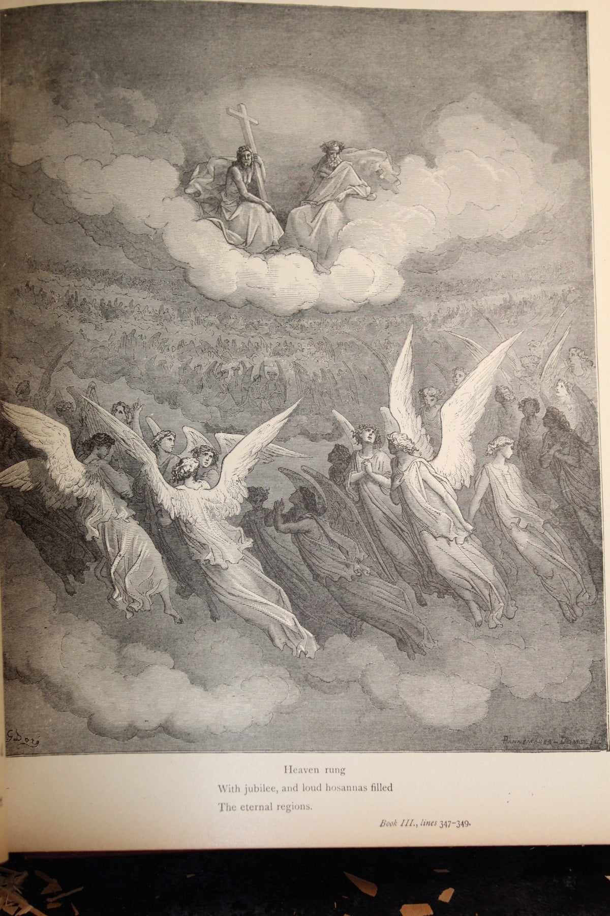 Gustave Doré engraving of angels and divine figures in heaven, from Paradise Lost.