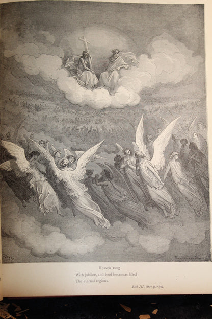 Gustave Doré engraving of angels and divine figures in heaven, from Paradise Lost.