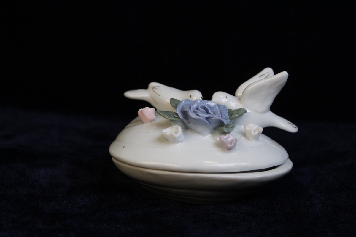 Vintage Porcelain Dove Trinket Box | Hand-Painted Floral Jewelry Box