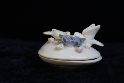 Vintage Porcelain Dove Trinket Box | Hand-Painted Floral Jewelry Box