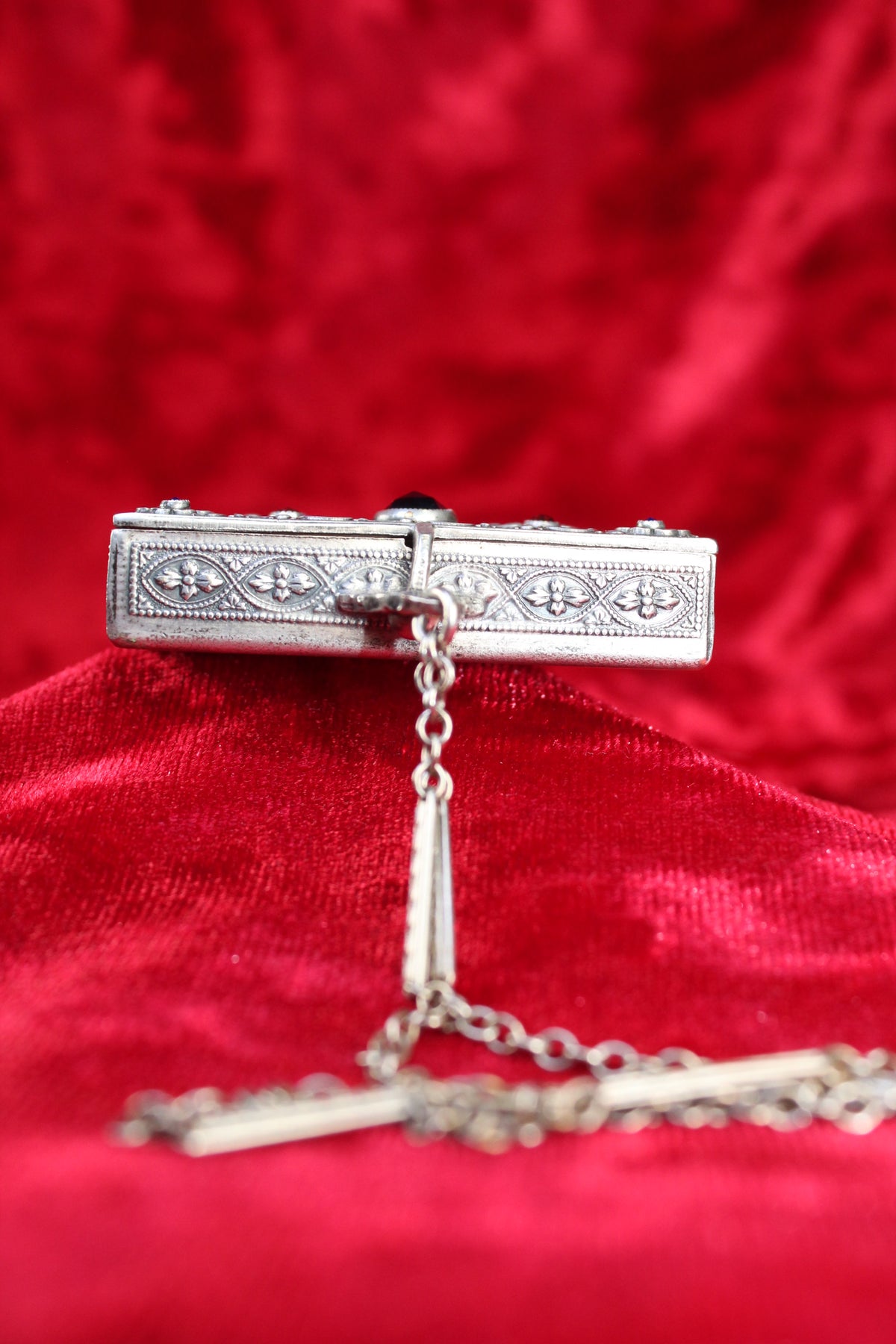 Antique French sterling silver compact with guilloché enamel and paste stones, circa 1920s-1930s.