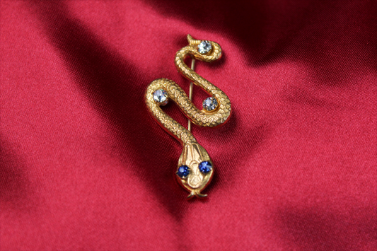 1800s Antique Victorian Gold-Tone Double Snake Brooch Pendant with Paste Stones