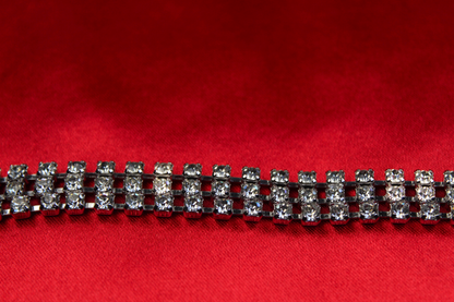 Vintage 1940s–1950s Rhodium-Plated Three-Row Rhinestone Bracelet – 7”