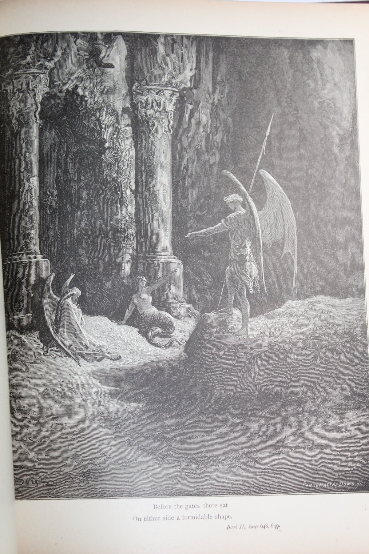 Gustave Doré illustration of an angel and a mermaid before gates, from Paradise Lost.