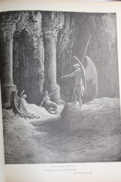 Gustave Doré illustration of an angel and a mermaid before gates, from Paradise Lost.