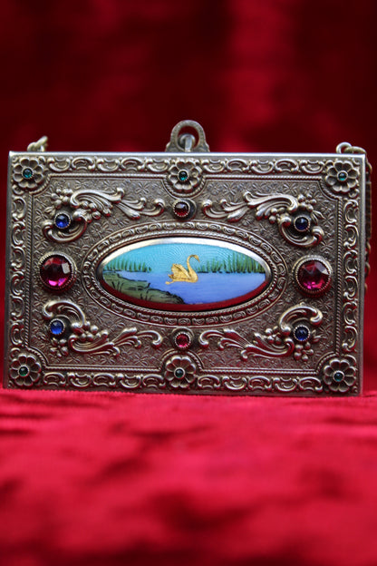 Antique French vanity case with swan scene, jeweled silver and brass, c.1920s.