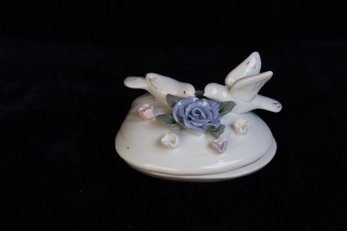 Vintage Porcelain Dove Trinket Box | Hand-Painted Floral Jewelry Box