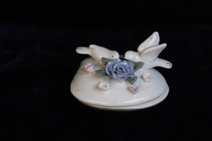 Vintage Porcelain Dove Trinket Box | Hand-Painted Floral Jewelry Box