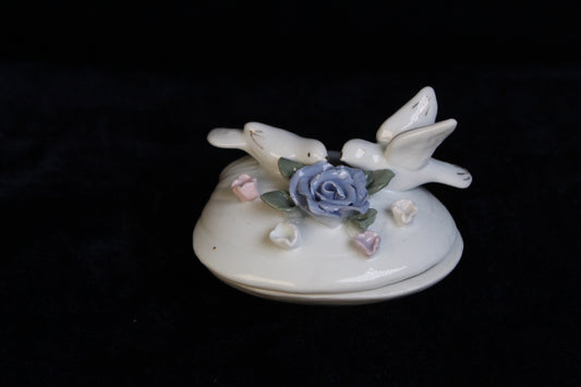 Vintage Porcelain Dove Trinket Box | Hand-Painted Floral Jewelry Box