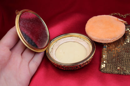 1930s Vintage Gold-Tone Metal Mesh Purse with Powder Compact, Mirror & Original Puff