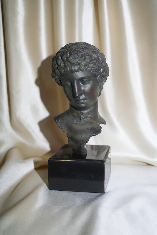 Jaestial Vintage Roman Bust Sculpture with dark patina on a black base.