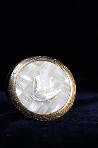 Vintage 1950s Mother-of-Pearl Sailing Ship Powder Compact | Nautical Vanity Collectible