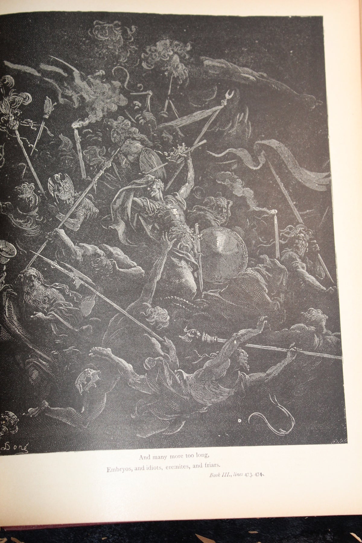 Gustave Doré engraving from 1889 Paradise Lost, showing a chaotic battle scene with figures and weapons.