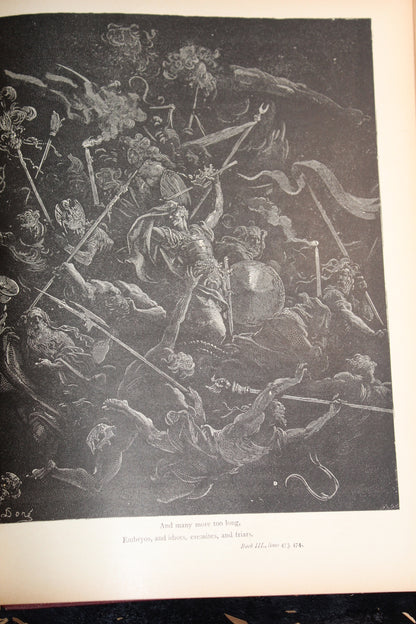 Gustave Doré engraving from 1889 Paradise Lost, showing a chaotic battle scene with figures and weapons.