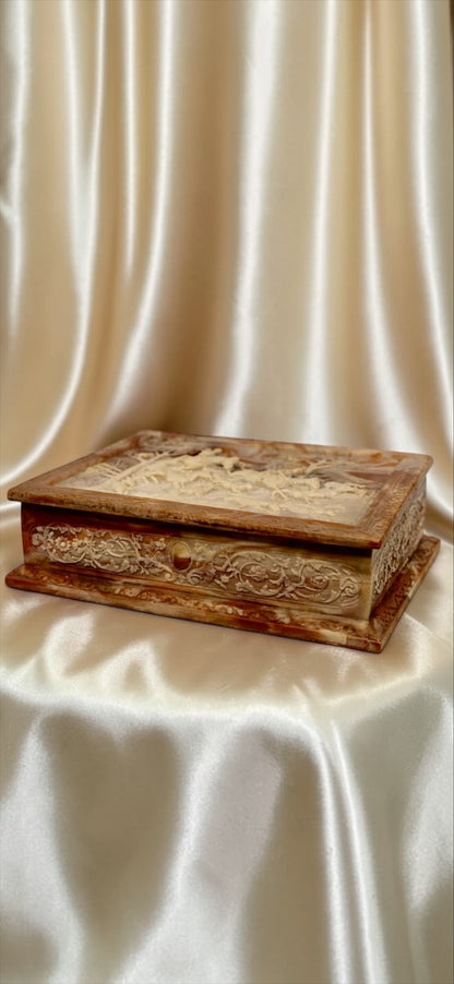 Jaestial hand-carved Incolay stone jewelry box with a fox hunting scene on the lid.