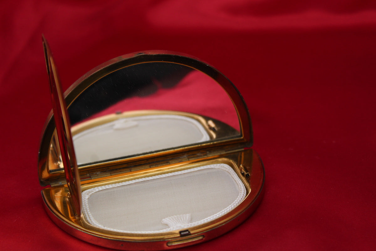 Gorgeous 1950s Green Guilloché Enamel Demi-Lune Compact