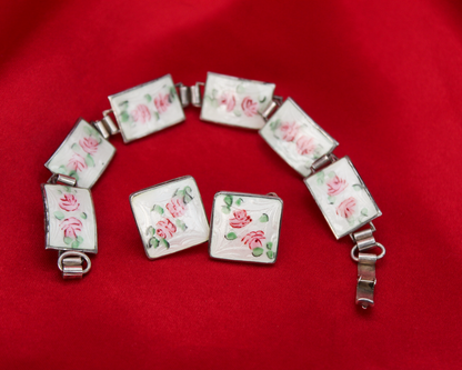 1930s Sterling Silver Guilloché Enamel Rose Bracelet & Earrings Set